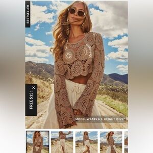 Vici Beige Crochet Lace Long-Sleeve Crop Top and bohemian shirt new with tags